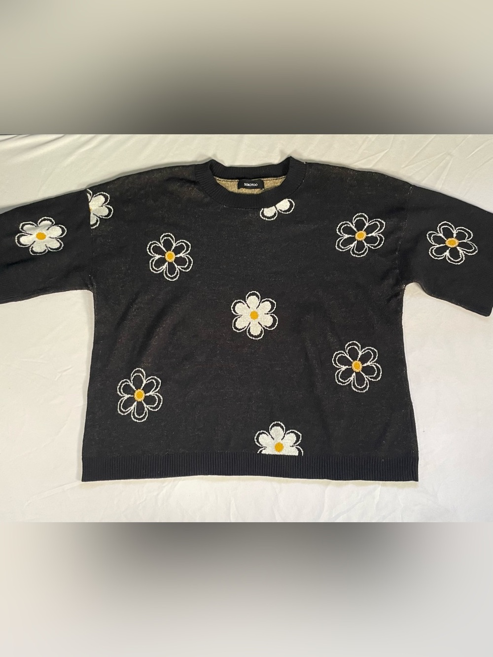 Dokotoo Daisy Floral Knit Sweater Black Crewneck 90s Vintage Inspired Cotton 2XL